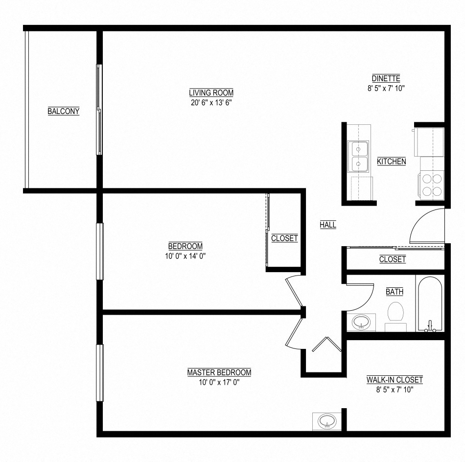 Floor plan for 2 beds, 1 bath, 952 sqft